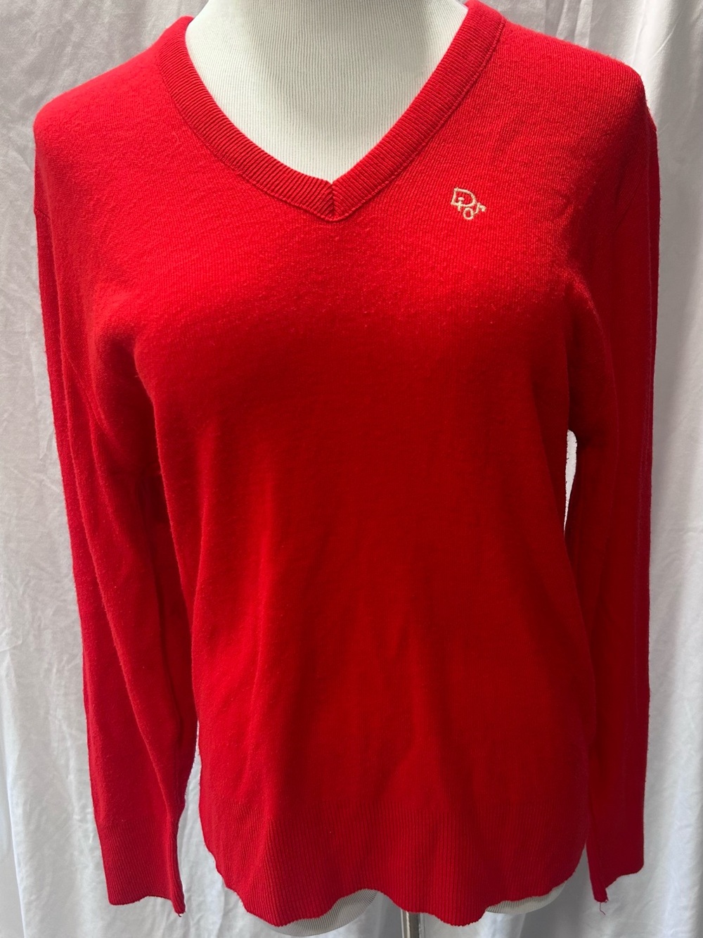 Christian Dior VTG Red V-Neck Long Sleeve Sweater Embroidered Logo Small Hole